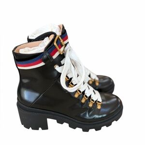 Gucci Sylvie Web Lace Up Combat Boot size 38